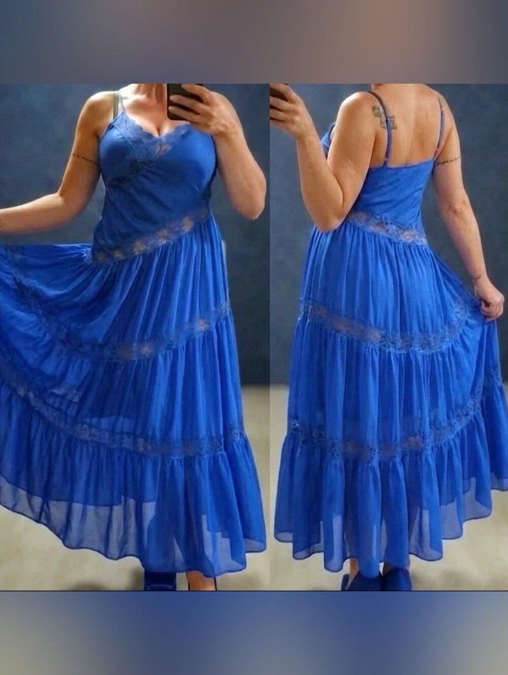 Vtg 70s Rikki Ny royal blue silky inset diagonal lace lingerie maxi dress Gown L